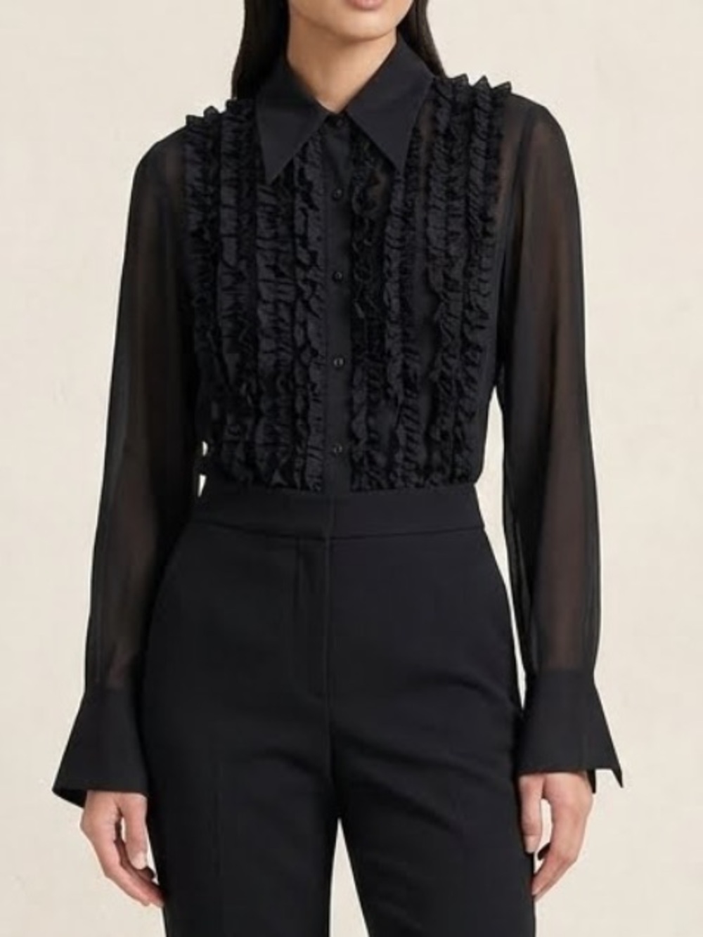 ALBERTO MAKALI Silk Button Down Vintage 90’s Black Tuxedo Ruffle Size 14